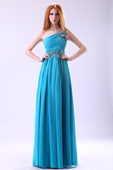 Dramatic One Shoulder Column Full Length Blue Prom Dress 