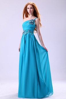 Dramatic One Shoulder Column Full Length Blue Prom Dress 