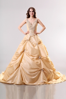Luxurious V-Neckline Taffeta Champagne Mature Wedding Dress 