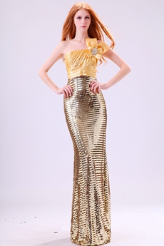 Glamour One Straps Sheath Floor Length Gold Sparkled Evening Dress 