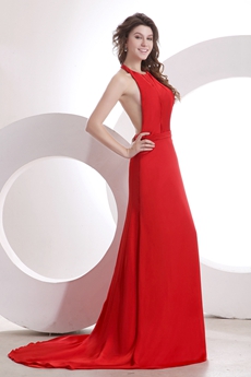 Glamour Top Halter Red Chiffon Backless Evening Dress 