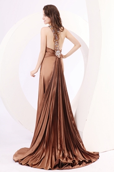 Trendy V-Neckline Brown Satin Prom Dress With Rhinestones 