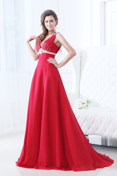 Plunge Neckline A-line Red Chiffon Sexy Prom Dress With Beads 