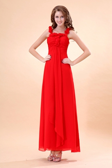 Delicate Double Straps Ankle Length Red Chiffon Junior Prom Dress 