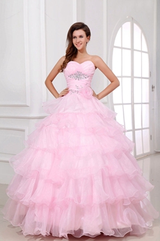 Junoesque Ball Gown Sweetheart Full Length Pink Organza Quinceanera Dress 