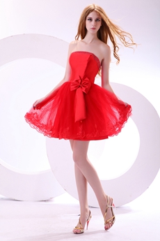 Modern Strapless Puffy Red Sweet Sixteen Dress With Bowknot 