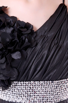 Spaghetti Straps A-line Black Satin Formal Evening Dress With Ruffles 