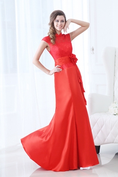 High Collar Red Satin & Lace Modest Prom Dress 