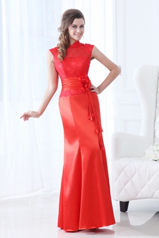 High Collar Red Satin & Lace Modest Prom Dress 