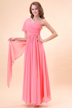 One Shoulder Short Sleeves Ankle Length Watermelon Prom Dress 