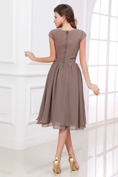 Cap Sleeves Knee Length Brown Chiffon Mother Of The Groom Dress 