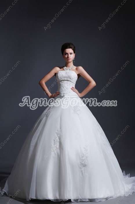 Dazzling Strapless Ball Gown Organza Wedding Dress With Lace Appliques 