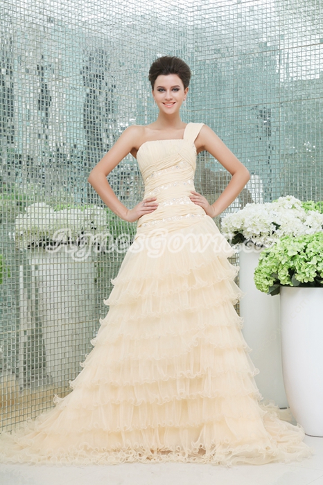 Desirable One Shoulder Champagne Wedding Dress 2016