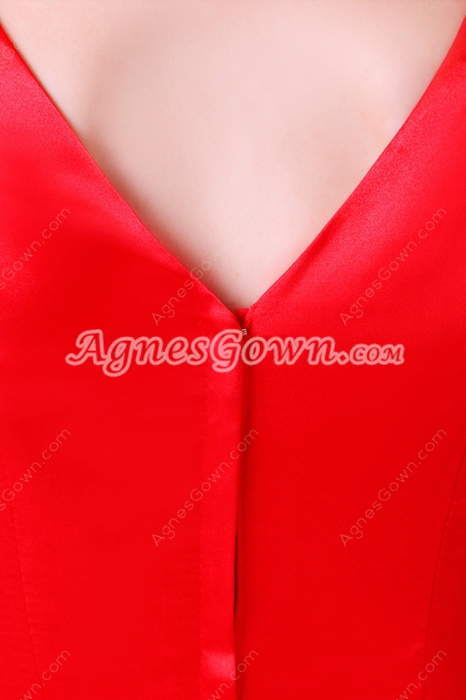 Modest V-Neckline Ankle Length Red Satin Junior Prom Dress
