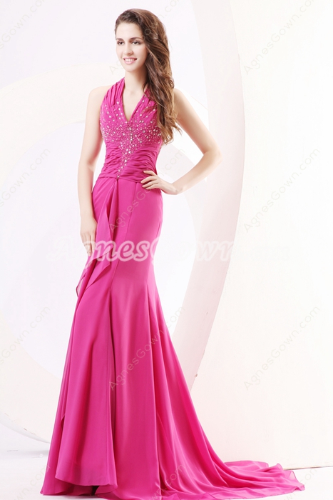 Pretty Halter A-line Fuchsia Chiffon Prom Party Dress 
