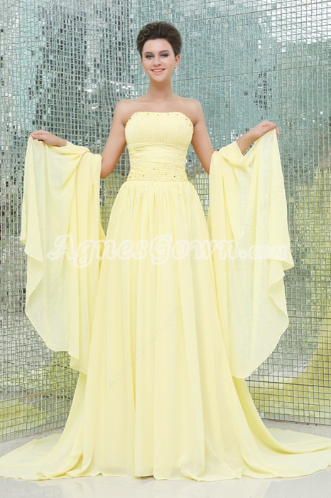 Magical Strapless A-line Daffodil Yellow Prom Dress With Beads 