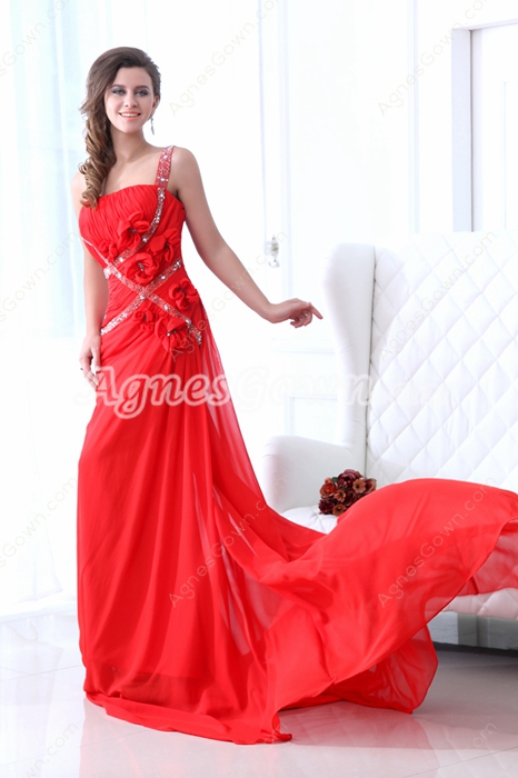 Glamour Straps A-line Full Length Red Chiffon Formal Evening Dress 