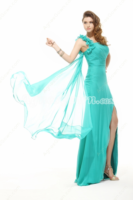 Fabulous One Shoulder A-line Jade Green Chiffon Cocktail Dress With Ribbon 