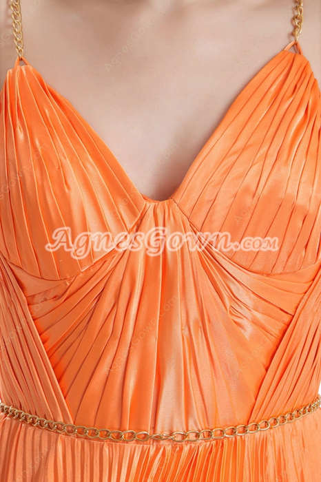 Spaghetti Straps V-Neckline Orange Satin Celebrity Prom Dress 