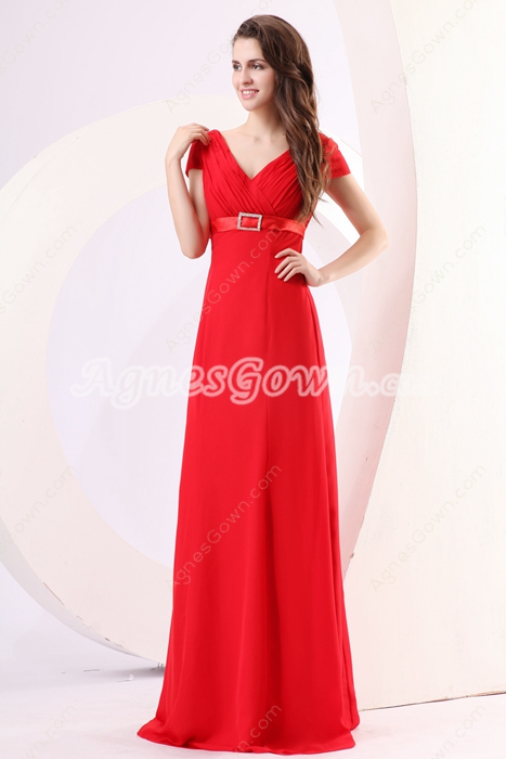 Modest V-Neckline Short Sleeves Red Chiffon Long Prom Party Dress 