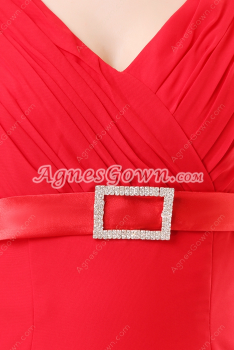 Modest V-Neckline Short Sleeves Red Chiffon Long Prom Party Dress 