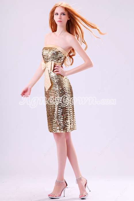 Sparkled A-line Knee Length Gold Sequined Wedding Guest Dress 