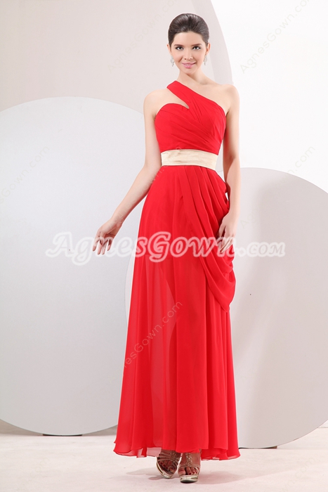 Simple One Shoulder Ankle Length Red Chiffon Junior Prom Dress 