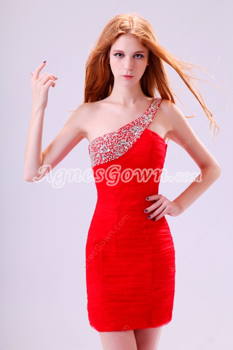 Hot One Shoulder Sheath Mini Length Red Chiffon Nighclub Dress 