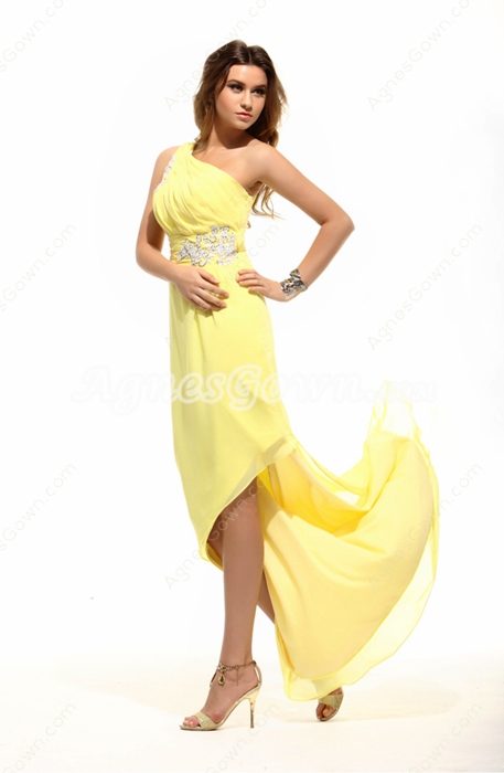 Unique One Shoulder High Low Yellow Homecoming Dress