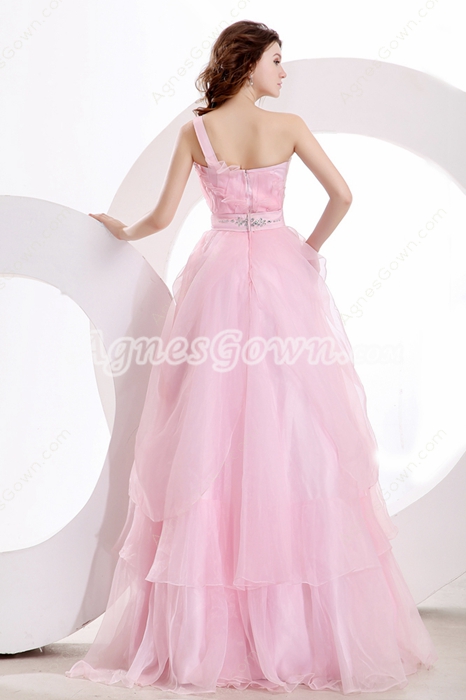 Sassy One Shoulder Puffy Pink Tulle Princess Quinceanera Dress 