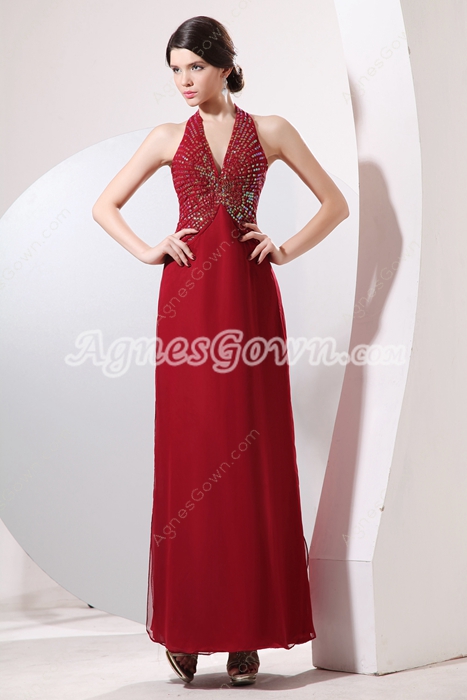 Charming Halter Ankle Length Dark Red Chiffon Mother Of The Bride Dress 