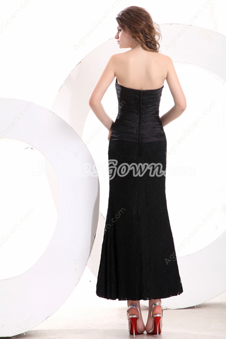 Strapless Tea Length Black Lace Wedding Guest Dress 