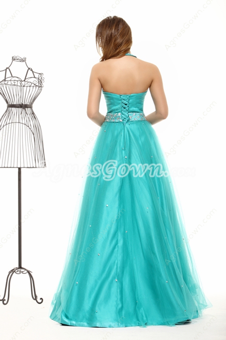 Cheap Halter Teal Color Princess Quince Dress
