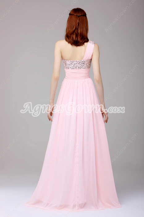 Noble One Shoulder A-line Full Length Pink Chiffon Prom Dress With Beads