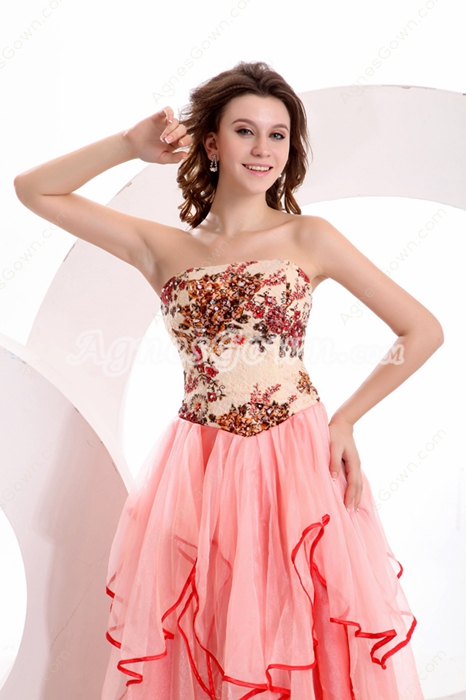 Pretty Strapless Column Full Length Coral Multi Colored Prom Dress 