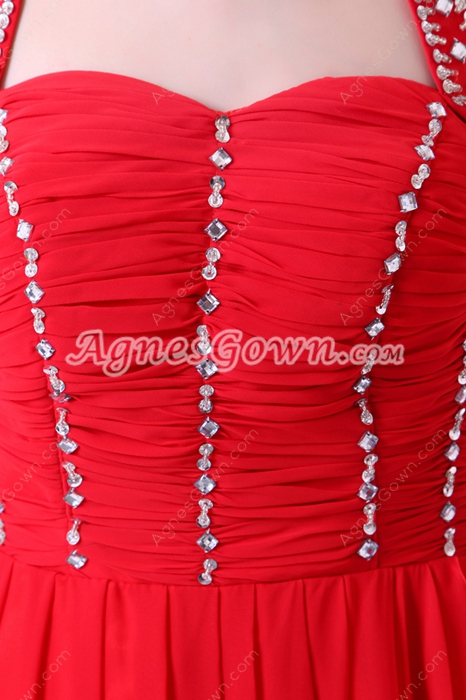 Delicate Top Halter Full Length Red Chiffon Prom Party Dress 