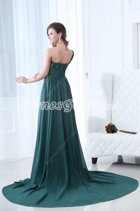 Special One Straps A-line Dark Green Chiffon Prom Dress With Handmade Flowers