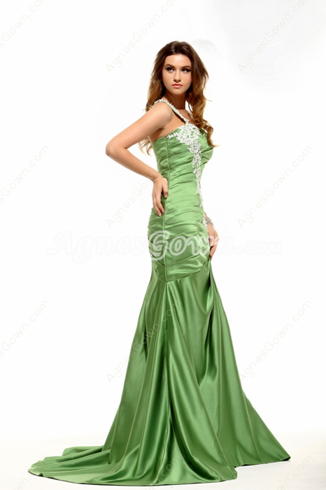 One Straps Sheath Green Satin Formal Evening Dress With Appliques