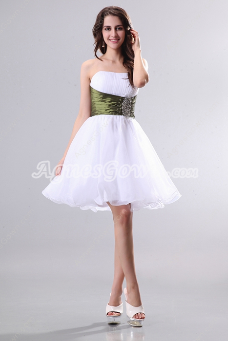 Strapless Puffy Mini Length Organza White & Green Damas Dress 