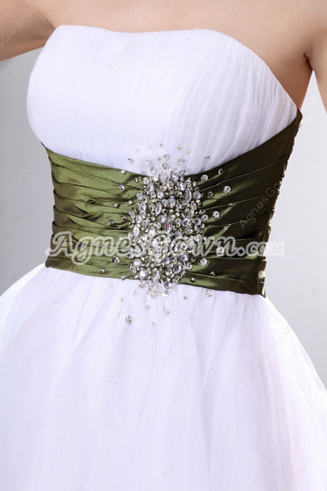 Strapless Puffy Mini Length Organza White & Green Damas Dress 