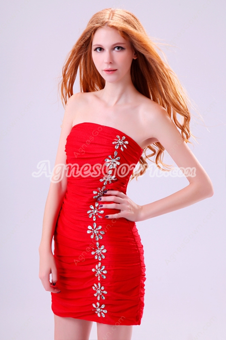 Trendy Strapless Sheath Mini Length Red Cocktail Dress With Diamonds 
