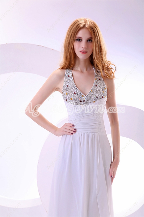 Fantastic Halter A-line White Chiffon Prom Dress With Exquisite Beads 