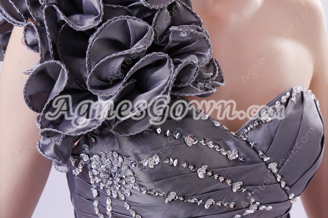 Exquisite One Shoulder Sheath Mini Length Silver Grey Wedding Guest Dress 