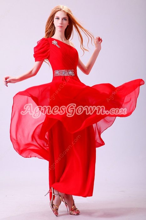 Inexpensive One Shoulder Short Sleeves Red Chiffon Formal Evening Dress 