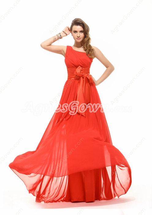 Simple One Shoulder Red Bridesmaid Dress With Sash