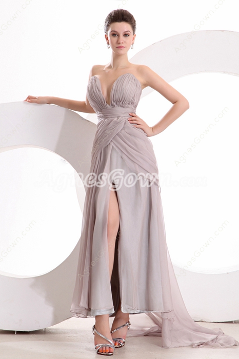 Plunge Neckline Tea Length Silver Gray Informal Evening Dress Front Slit 