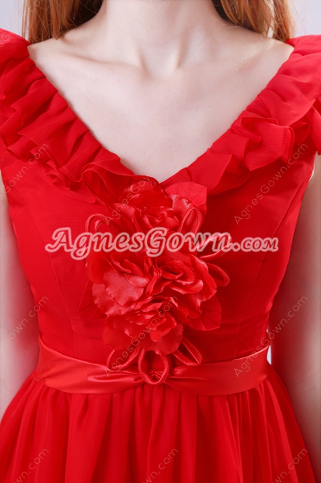 Qualified V-Neckline Mini Length Red Chiffon Junior Prom Dress