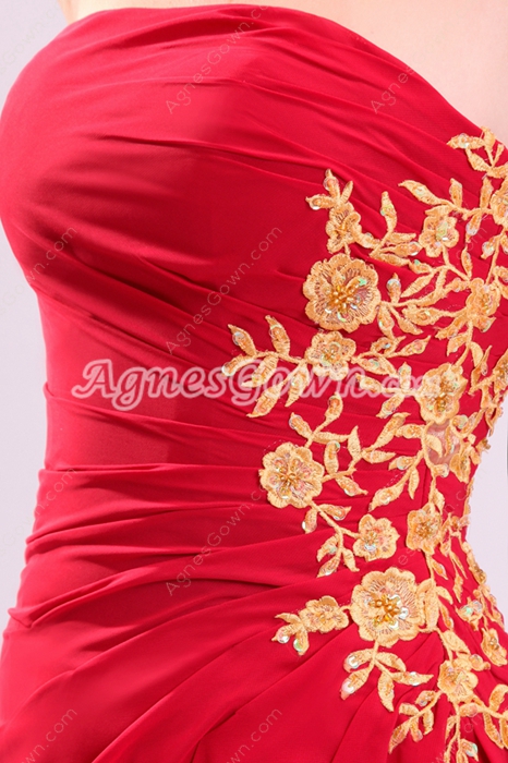 Ankle Length Strapless Red Chiffon Cocktail Dress With Gold Appliques