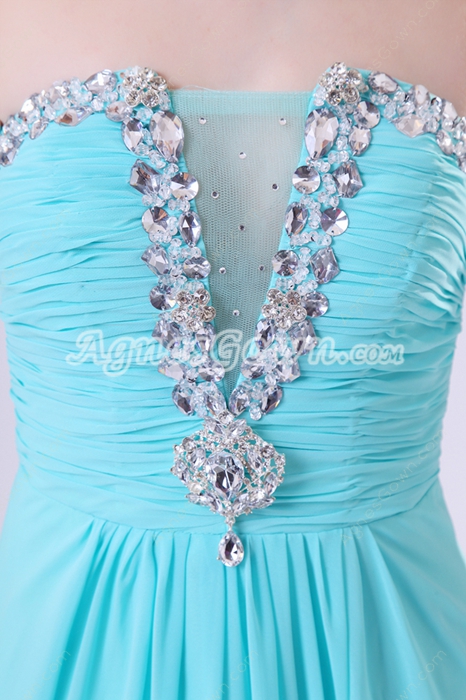 Adorable A-line Full Length Blue Chiffon Prom Dress With Rhinestones 