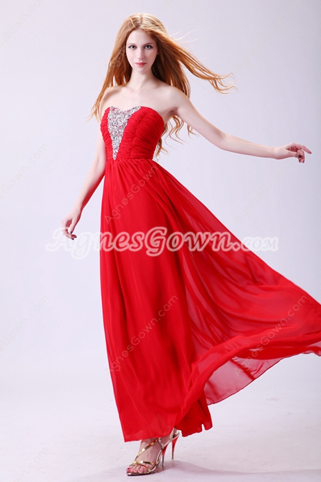 Ankle Length Dipped Neckline Red Chiffon Junior Prom Dress 